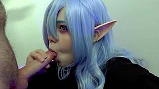 that goth elf furiyssh gives a blowjob, swallowing cum in her mouth