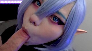 that goth elf furiyssh gives a blowjob, swallowing cum in her mouth
