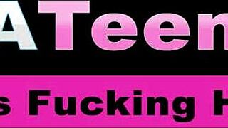 tiny brunette in stockings bends over to ride two monster cocks at once, pov view