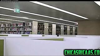 Busty brunette sexy girl in library usa