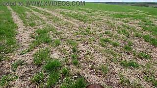 Titty and pussy sucking cock with drooling out in the field