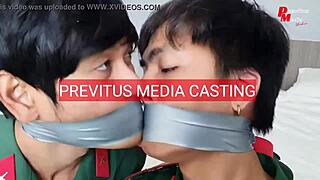 Politi og soldat får vilde følelser i tricked bøsse bondage sex med vietnamesisk asiat.