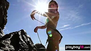 Busty inked beauty, rip off that bikini and strip on the beach for me