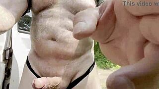 Gay woods solo with big cock stroking in wild nature