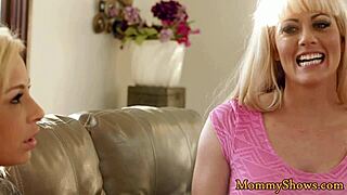 Busty stepmom dives into stepdaughter's pussy, licking her with classy milf moves in a hot scene