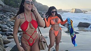 Raw Ebony Babes Suck Cock on Public Beach