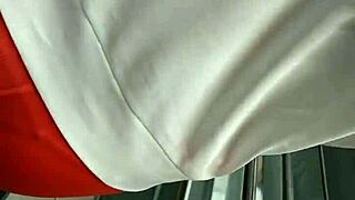 hot girl shows nice ass in tight shorts while shopping outdoors