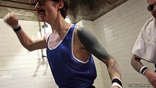 Basketball team dominates journalist with intense double penetration in a wild session. Bound and hairy, she takes every inch of monster cock in a bizarre fetish scene.