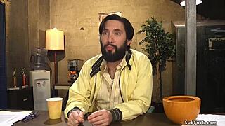 Basketball team dominates journalist with intense double penetration in a wild session. Bound and hairy, she takes every inch of monster cock in a bizarre fetish scene.