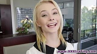 Look at this tiny blonde slut sucking that big cock