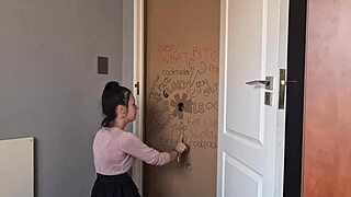i can't stop, this gloryhole slut sucks and jerks my dick through the doorway