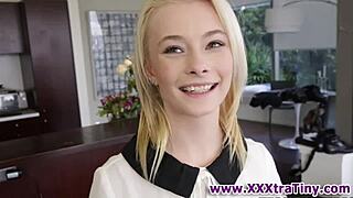 Look at this tiny blonde slut sucking that big cock