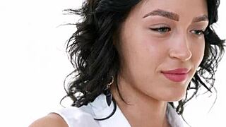 Skinny Brunette Kris The Foxx in Heels Sucks Cock and Gets Fucked in Armchair