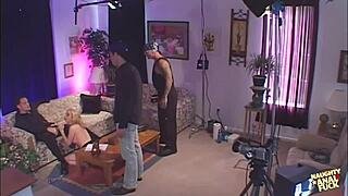 Naughty blonde bends over for double penetration and deepthroat from two men, ending with facial and cum in mouth for magazine cover