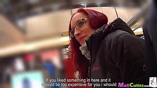 Redhead amateur with big tits sucks cock in public shop outdoor horny scene