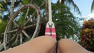 luna luxe in pink bikini, playing with pussy outdoors