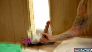 Busty lady drilled by shemales in steamy sauna