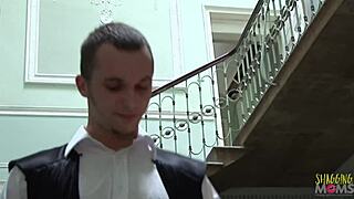 brunette in uniform sucks shaft, bends over for assfucking and creampie