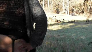 Hairy mature lady flashing her beaver in the park. What a bold move!