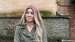 cute blonde tries on sexy outfit with stockings