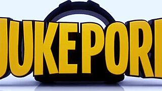 Young brunette enjoys strong ass play with huge dildo and big cock.