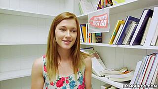 Tiny Redhead Bookworm Sucks Cock in Library POV