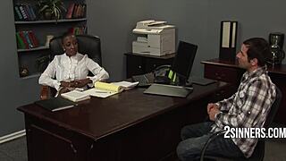 ebony principal with big tits disciplines student in her office.