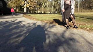 Hairy mature lady flashing her beaver in the park. What a bold move!