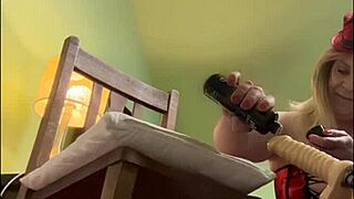 Alikat2 explores her ass with dildo on oak chair