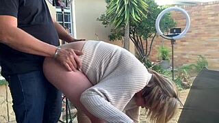 Relaxed extramarital romance at the backyard with the friend’s attractive blonde wife