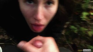 Young shy Russian girl sucks cock in German forest and swallows cum in raw POV homemade clip