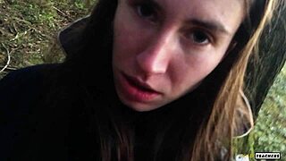 Young shy Russian girl sucks cock in German forest and swallows cum in raw POV homemade clip