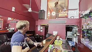 i can't believe how hard this sex-hungry shemale bitch drilled a visitor's ass in the bar!