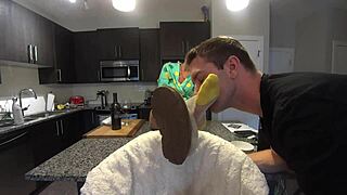 Horny step son licks my nylon soles!