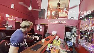 i can't believe how hard this sex-hungry shemale bitch drilled a visitor's ass in the bar!