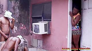 Foursome with amateur slim african college babe sucking two monster cocks in ghetto