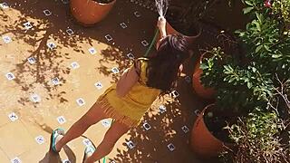 Watch my hot neighbor pee on the landlord's wife? Voyeur from balcony.