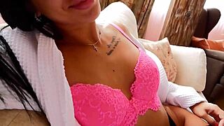 damn, busty brunette gets rough on couch in lingerie! 🔥