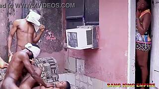 Foursome with amateur slim african college babe sucking two monster cocks in ghetto