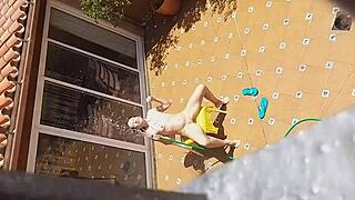Watch my hot neighbor pee on the landlord's wife? Voyeur from balcony.