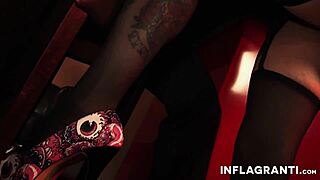 Skinny tattoo barmaid gets bent over for big black cock blowjob and cowgirl ride