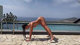 Roxy Fox’s naked yoga lesson by the swimming pool