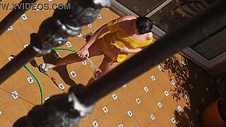 Watch my hot neighbor pee on the landlord's wife? Voyeur from balcony.