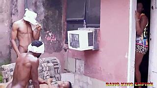 Foursome with amateur slim african college babe sucking two monster cocks in ghetto