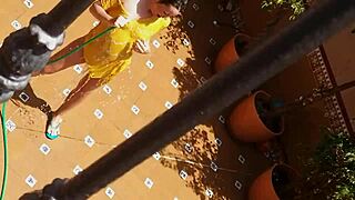 Watch my hot neighbor pee on the landlord's wife? Voyeur from balcony.