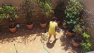 Watch my hot neighbor pee on the landlord's wife? Voyeur from balcony.