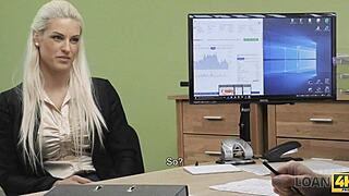 Pervert guy pays cash to fuck a busty blonde at work. She loves every second.