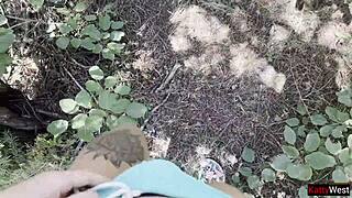 i caught a couple fucking in the public forest and joined for a threesome, getting close-up anal action with cum