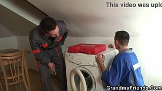 Two repairmen have sex with an older woman with big tits