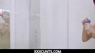 Tiny cutie emily mayers gets naughty with a big dildo in the shower before getting her pussy pounded.